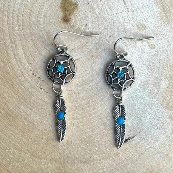 Silver Turquoise Feather Earrings - Picture 1 of 3